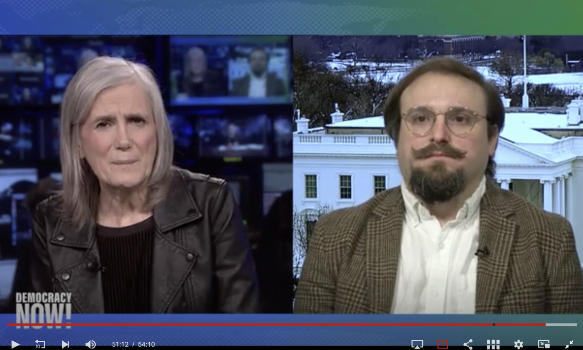 Screenshot of Policy Director Chip Gibbons on Democracy Now!